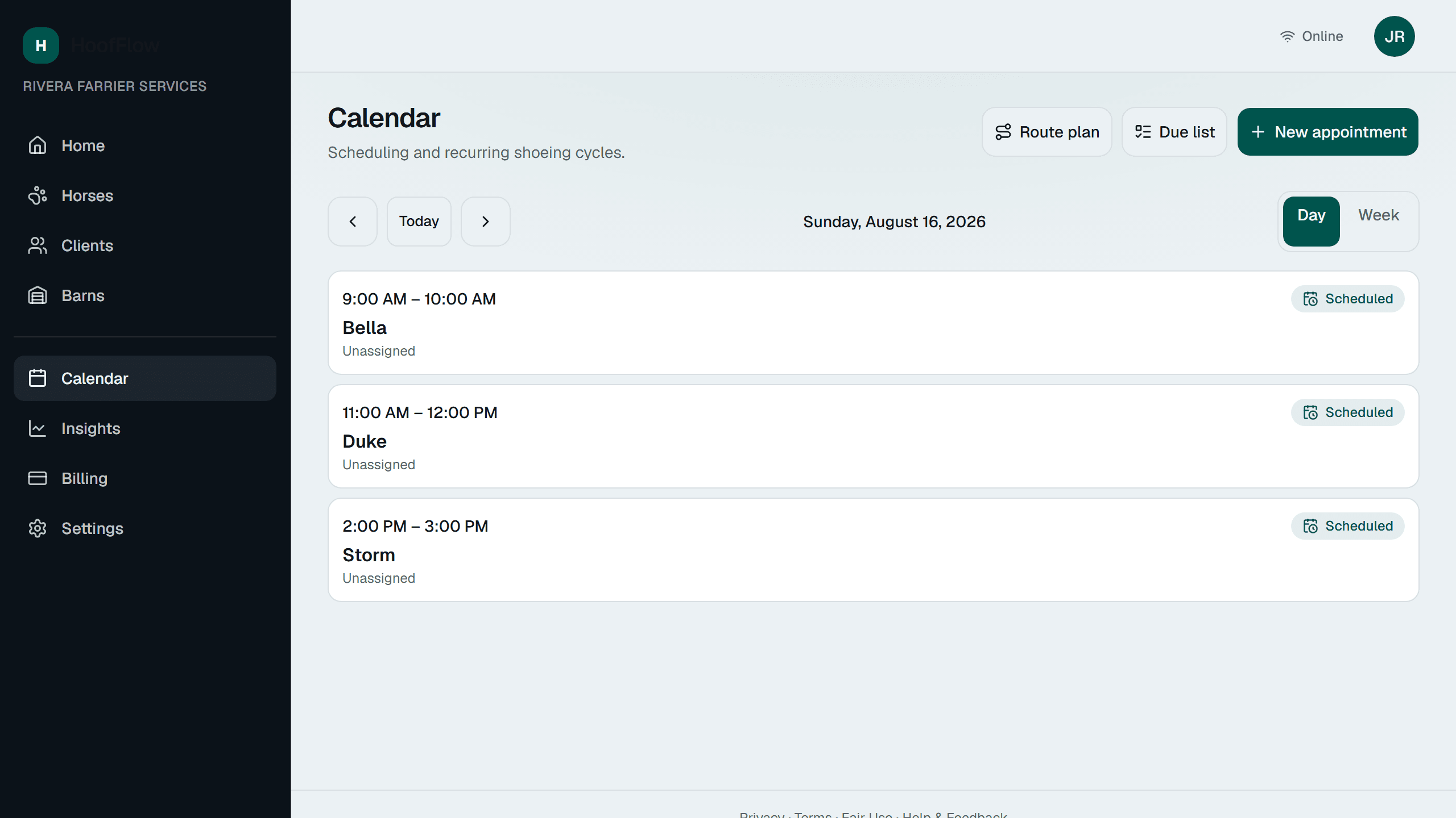 HoofFlow calendar showing scheduled appointments across a week