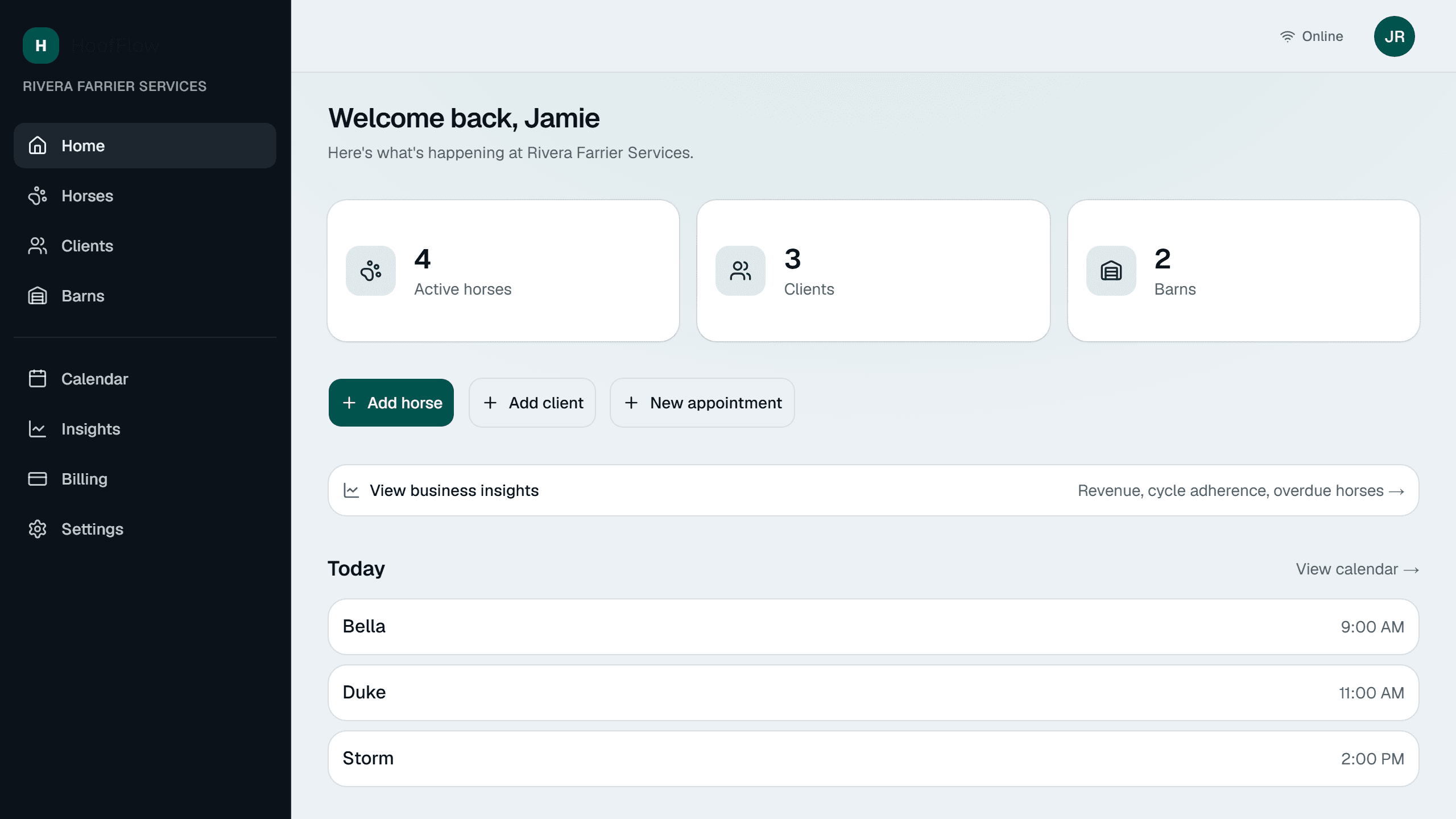 HoofFlow dashboard showing today's appointments, due horses and quick actions