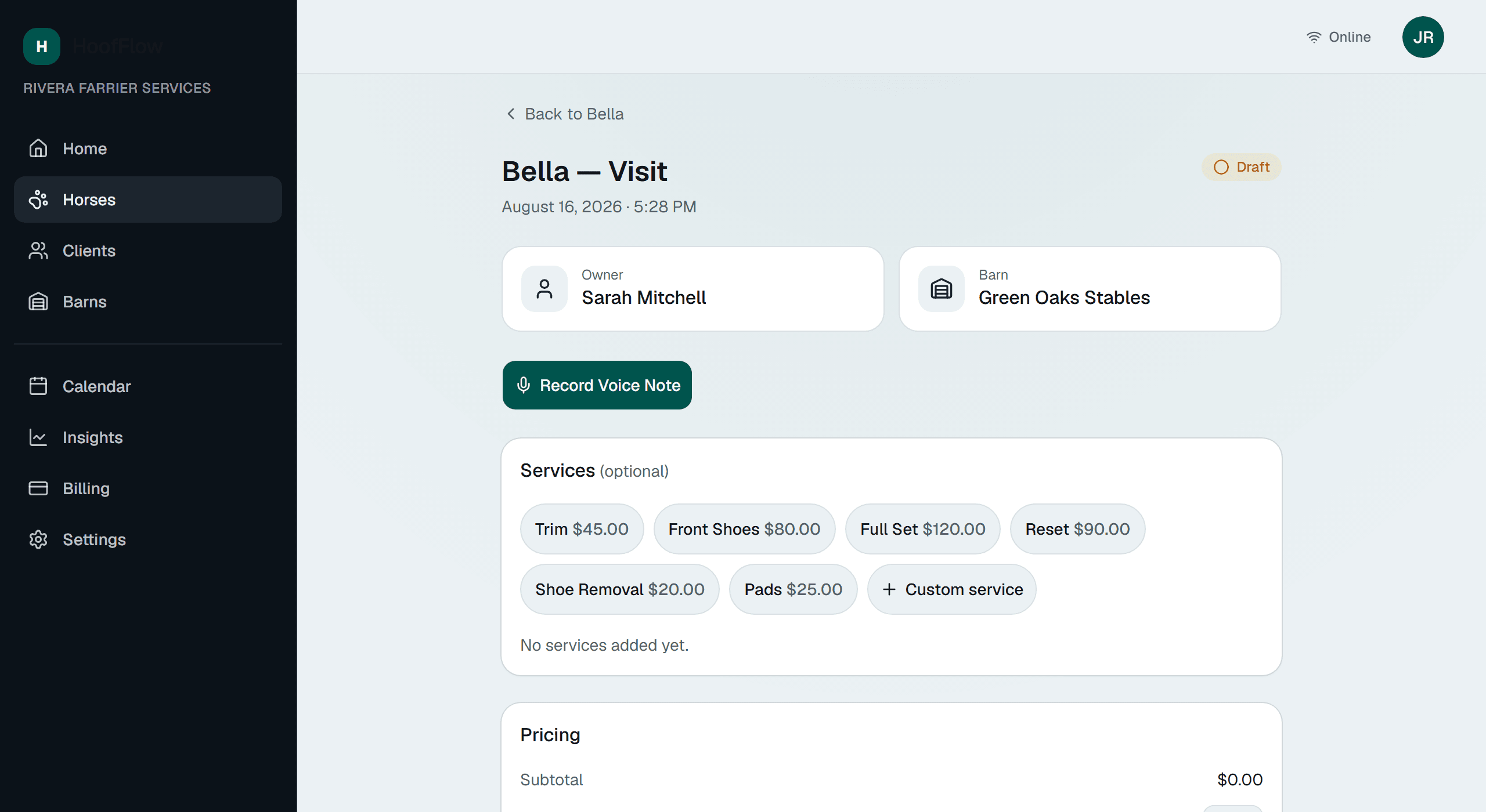 HoofFlow visit workspace with services, per-hoof work and notes
